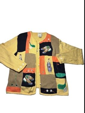 VTG hand embroidered Golf Sweater Eclectic Teacher Grandma Funky Quirky Size L